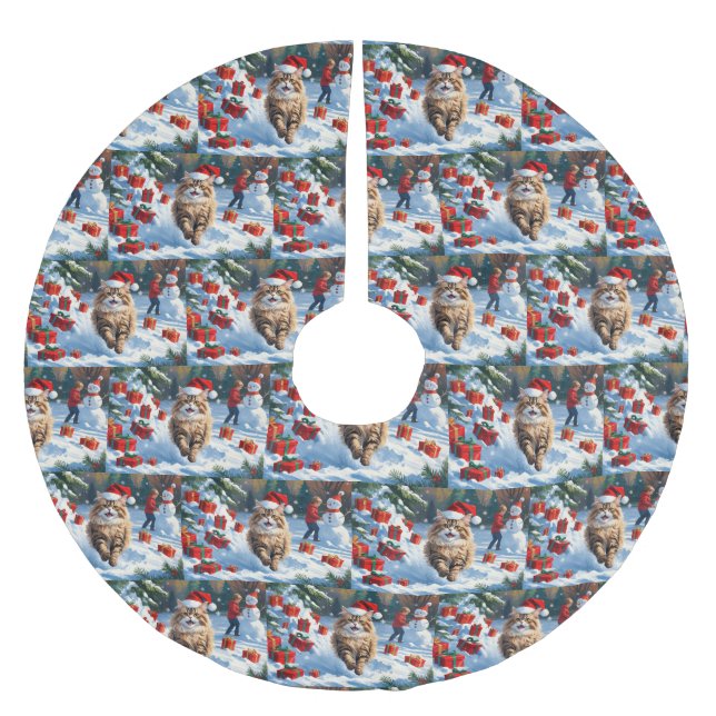 Persische Katze sitzt im Schnee mit Weihnachtshut Polyester Weihnachtsbaumdecke (Vorderseite)