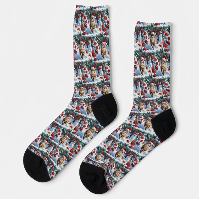 Persische Katze sitzt im Schnee mit Weihnachtshut Socken (Linkes Detail)