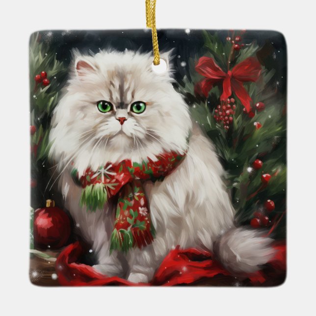 Persische Katze zu Schnee Weihnachten Keramikornament (Vorderseite)
