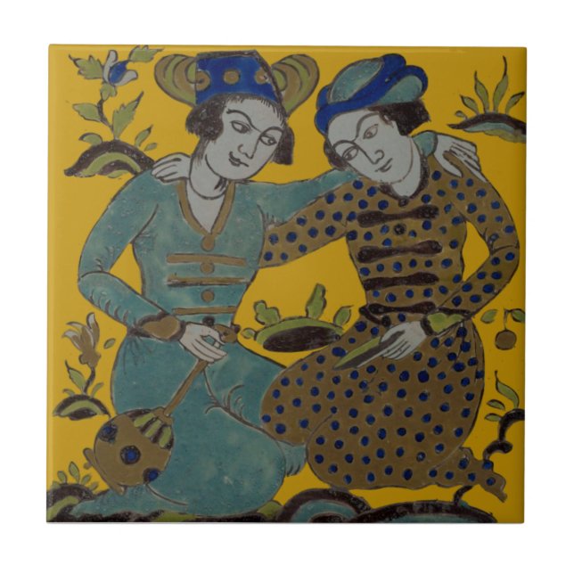 Persische Safran Gelb Zwei Freunde Antique Repro Fliese (Vorderseite)
