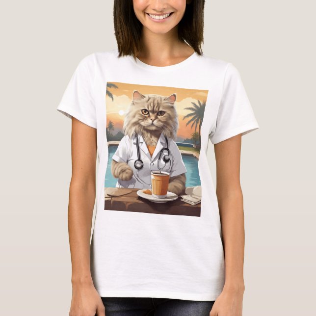 Persischer Cat Wearning Drink Coffee T-Shirt (Vorderseite)