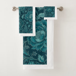 Persischer Garten   Luxuriöser Teal Blumen-Damasku Badhandtuch Set