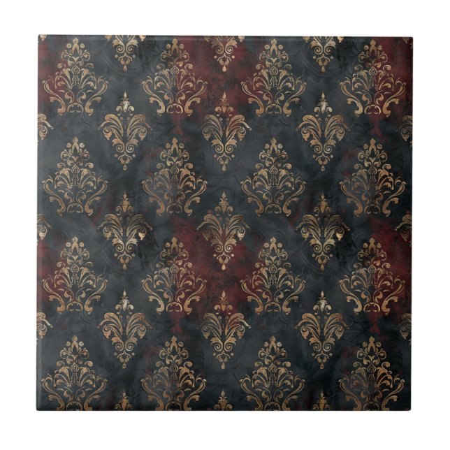Persischer Gold Damask Noir Muster (2) Fliese (Vorderseite)