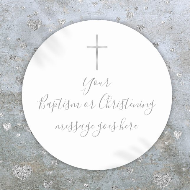 Persoanlized Silver Cross Taufe Christening Runder Aufkleber (Persoanlized Silver Cross Baptism Christening Classic Round Sticker)