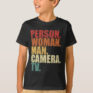 Person Frau Mann Kamera Fernsehen Trump Wörter T-Shirt