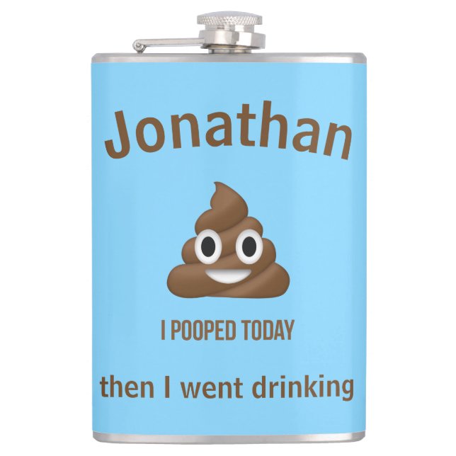 PersonaIized I Kackte heute Poo Emoji on Blue Flachmann (Vorderseite)