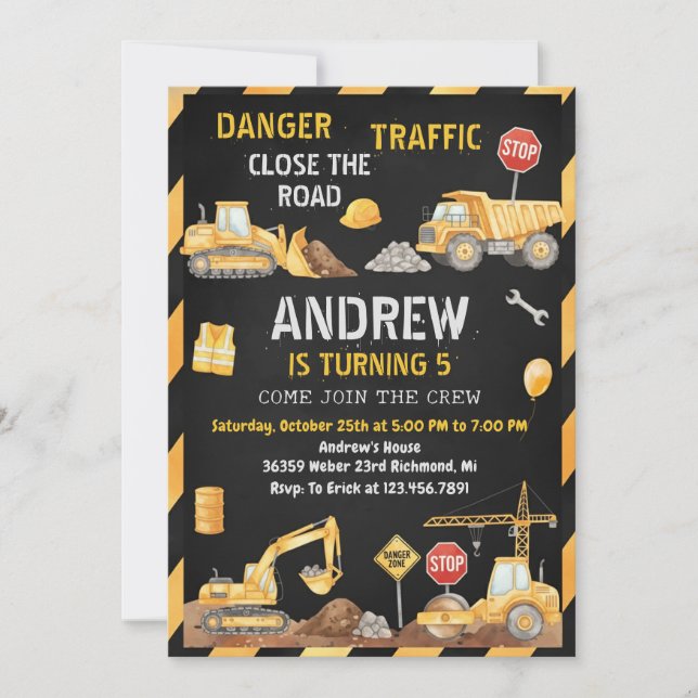 Personal A Modern Construction Birthday Party Einladung (Vorderseite)