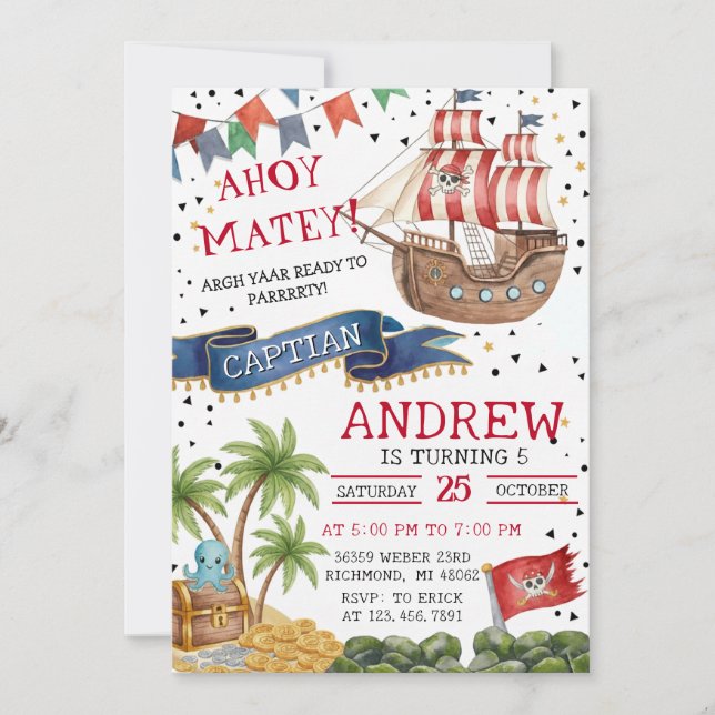 Personal Ahoy Mateys Pirate Ship Birthday Party Einladung (Vorderseite)