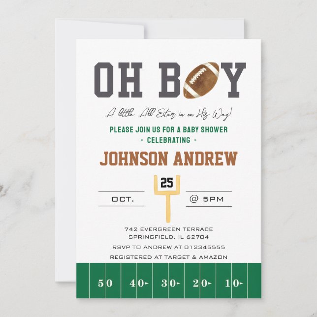 Personal American Football Baby Dusche Einladung (Vorderseite)