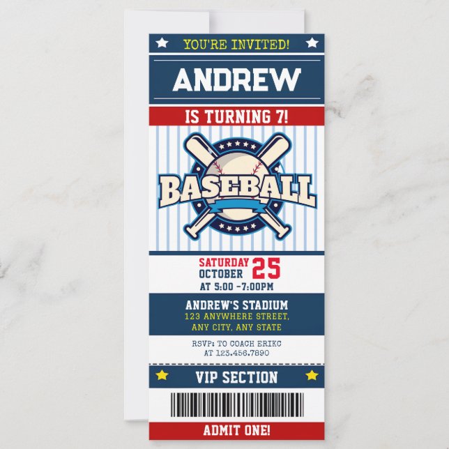 Personal Baseball Sports - Moderner Ticketstil Einladung (Vorderseite)