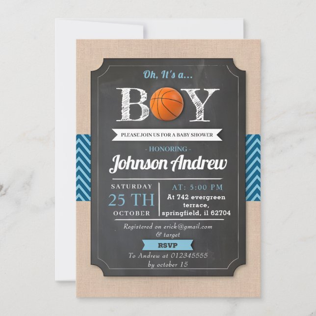 Personal Blue Sports Basketball Thema Kinderdusche Einladung (Vorderseite)