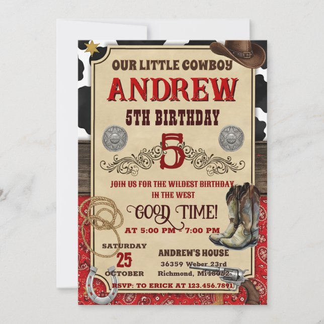 Personal Cowboy Wild West Rustic Wood Birthday Einladung (Vorderseite)