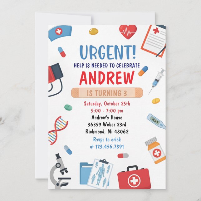 Personal Digital Kids Doctor Birthday Invitation (Devant)