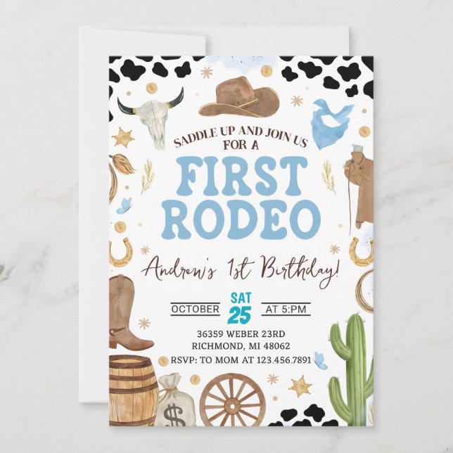 Personal First Rodeo Cowboy Birthday Einladung (Vorderseite)