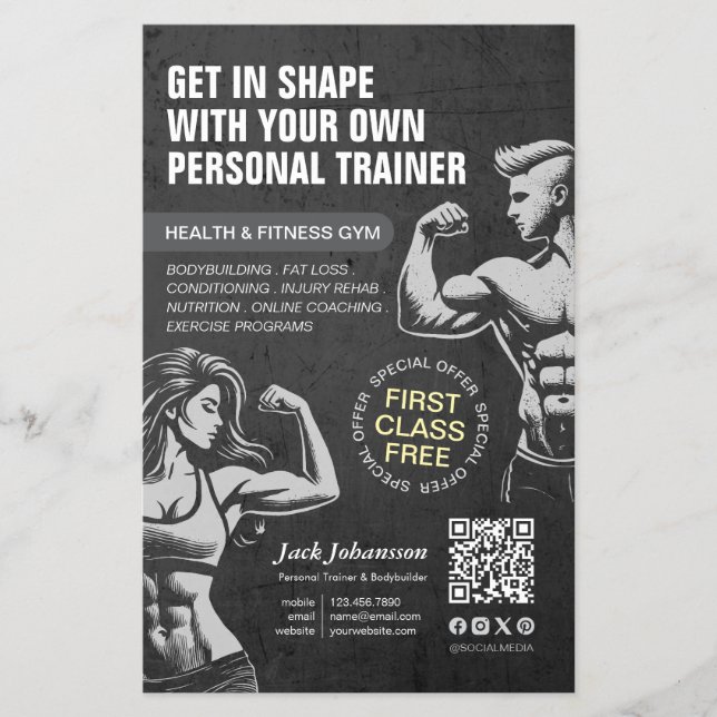 Personal Fitness Trainer Bodybuilding Gym Coach BW Flyer (Vorne)
