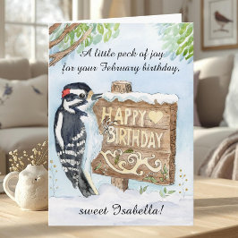 Personal Happy February Birthday Downy Woodpecker Karte