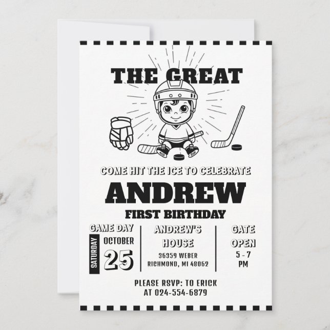 Personal Hockey Theme First Birthday Invitation Einladung (Vorderseite)