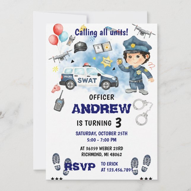 Personal Modern Police Officer birthday Party  Einladung (Vorderseite)