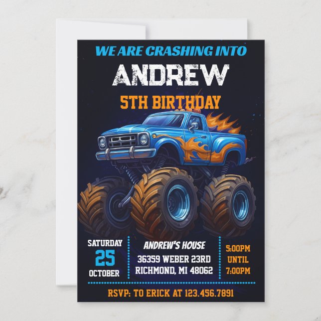 Personal Monster Truck Kids Party Birthday Einladung (Vorderseite)