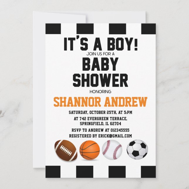 Personal Simple Sports Themed Baby Dusche für Jung Einladung (Vorderseite)