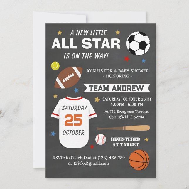 Personal Sports All Star Baby Dusche Einladung (Vorderseite)