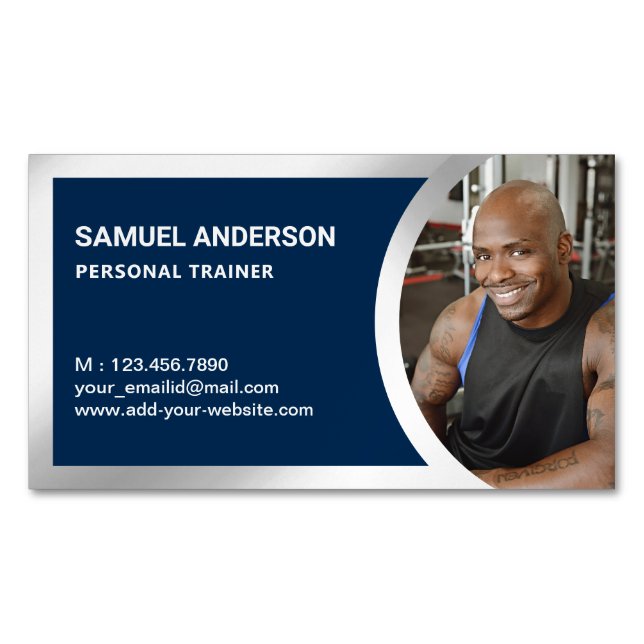 Personal Trainer Foto für Navy Blue Silver Fitness Magnetische Visitenkarte (Vorderseite)