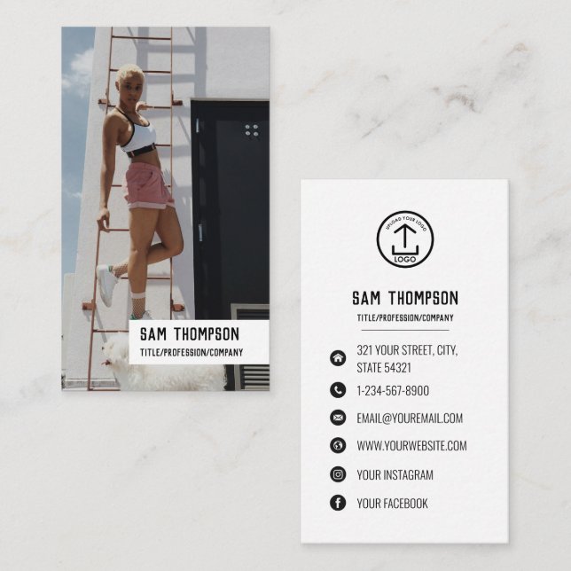 Personal Trainer Foto & Logo Social Media Icons Visitenkarte (Vorne/Hinten)