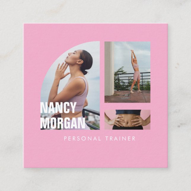 Personal Trainer Photo Collage Pink Quadratische Visitenkarte (Vorderseite)