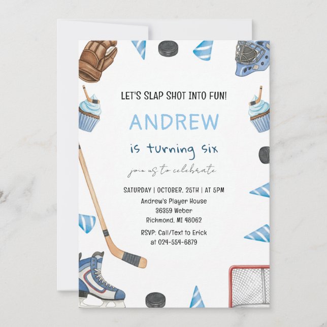 Personal Watercolor Hockey Birthday Party Einladung (Vorderseite)