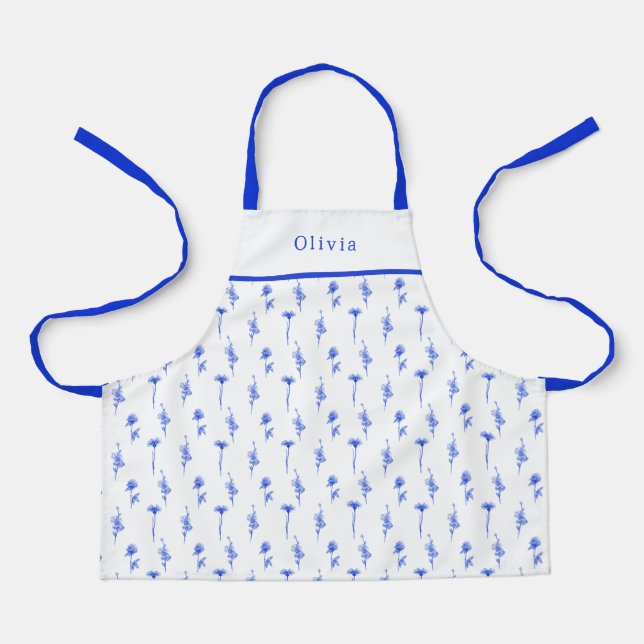Personalised Blue Floral Pattern Apron. Schürze (Vorderseite)