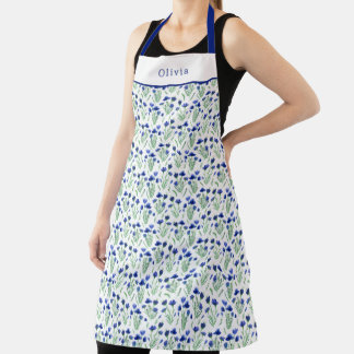 Personalised Blue Flowers Floral Pattern Apron. Schürze