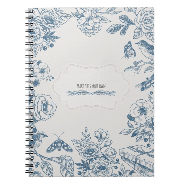 PERSONALISED Blue Line Vintage Flowers Notebook Notizblock (Vorderseite)
