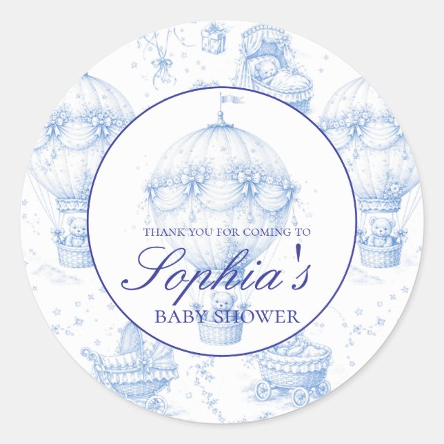 Personalised Blue Toile de Jouy Baby Shower Stick Runder Aufkleber (Vorderseite)