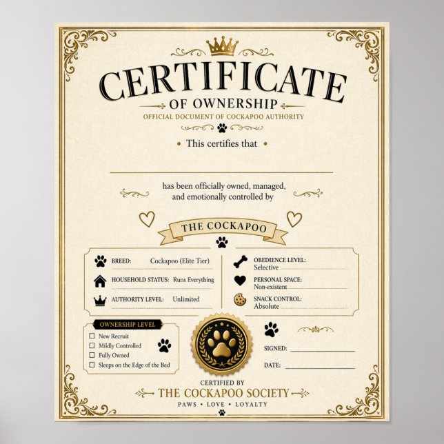 Personalised Cockapoo Owner Certificate – dog gift Poster (Vorne)