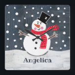 Personalised Cute Christmas Snowman Quadratische Wanduhr<br><div class="desc">This cute Christmas snowman snow scene is printed from a collage designed by Helen McCartney Designs.</div>