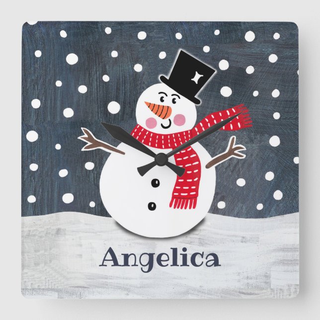 Personalised Cute Christmas Snowman Quadratische Wanduhr (Vorderseite)