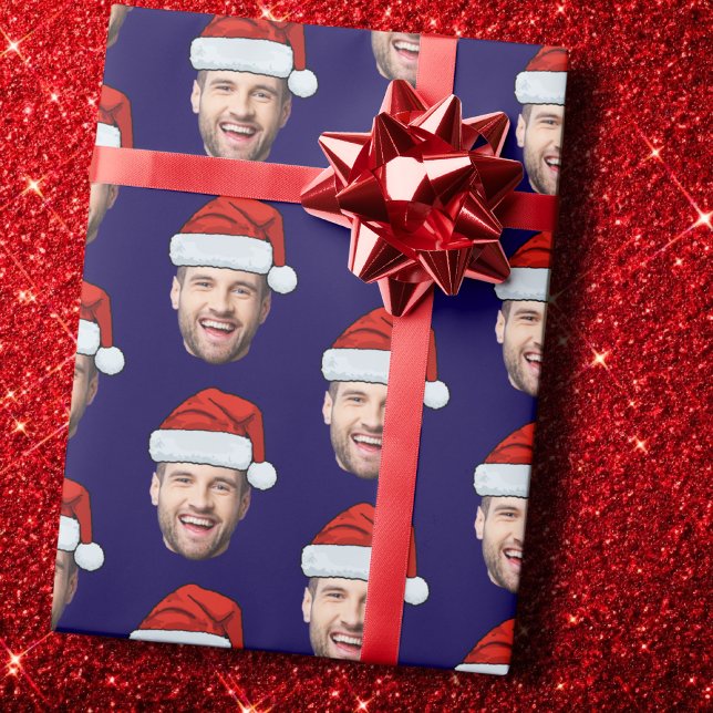 Personalised Dark Blue Face Santa Hat Gift Wrap Geschenkpapier (Von Creator hochgeladen)