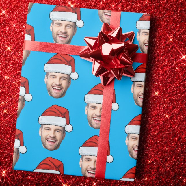 Personalised Face Santa Hat Blue Gift Wrap Geschenkpapier (Von Creator hochgeladen)