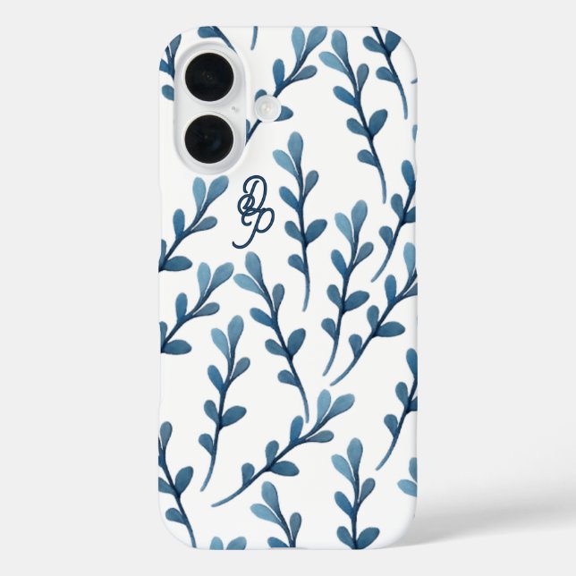 Personalised Initial Blue Leaf Watercolor Pattern iPhone 16 Hülle (Rückseite)