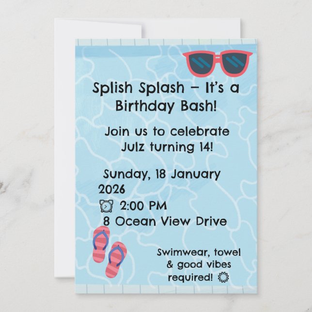 Personalised Kids Pool Party Invitation | Summer Einladung (Vorderseite)