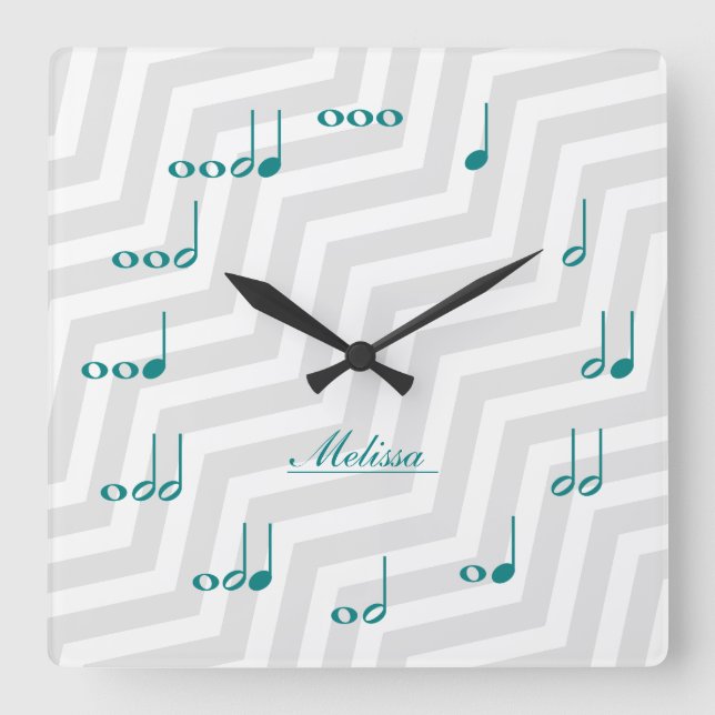 Personalised Music Notes - teal blue and grey Quadratische Wanduhr (Vorderseite)