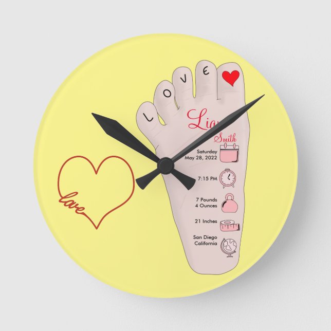 Personalised New Baby Gift Birth Stats Details Runde Wanduhr (Vorderseite)