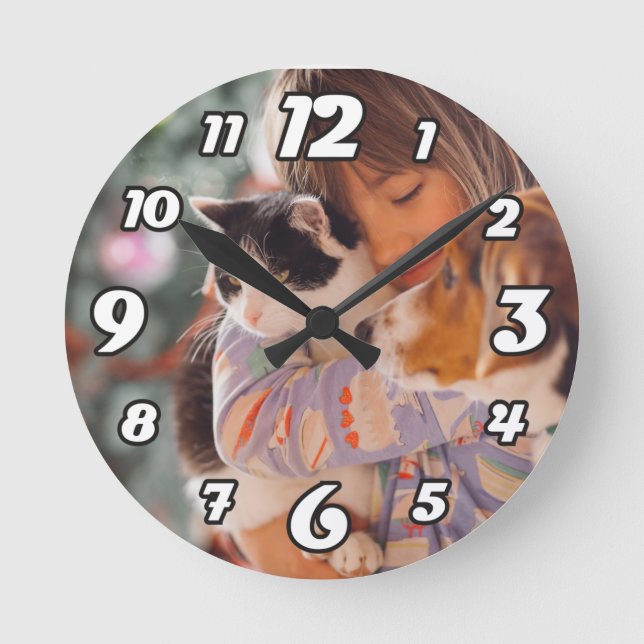 Personalised Photo Name Large Clock Runde Wanduhr (Vorderseite)