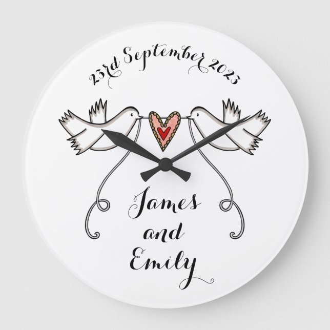 Personalised White Doves Wedding Gift Acrylic Larg Große Wanduhr (Vorderseite)