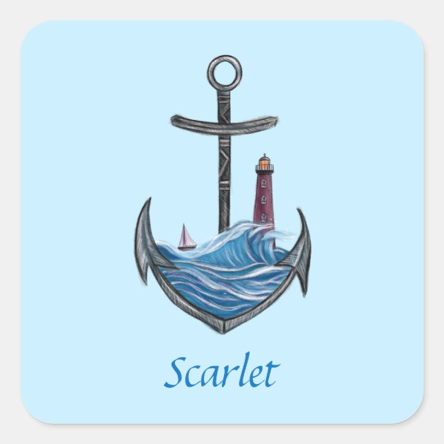 Personalisierbarer Anker- und Leuchtturm (Version  Quadratischer Aufkleber (Vorderseite)