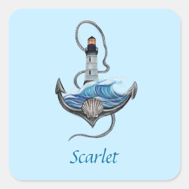 Personalisierbarer Anker- und Leuchtturm (Version  Quadratischer Aufkleber (Vorderseite)