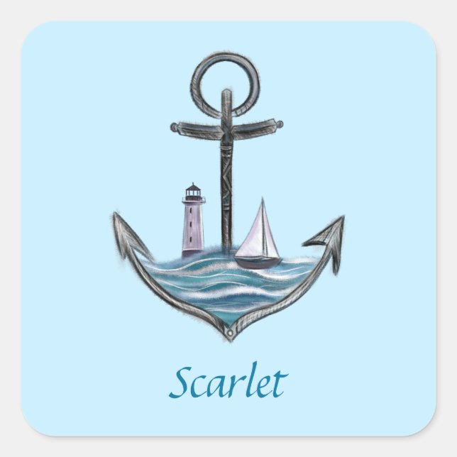 Personalisierbarer Anker- und Leuchtturm (Version  Quadratischer Aufkleber (Vorderseite)