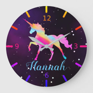 Personalisiere Dein eigenes farbenfrohes Einhorn Große Wanduhr