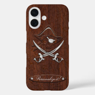Personalisiere es! Nautical Mahogany Pirate Skull iPhone 16 Hülle