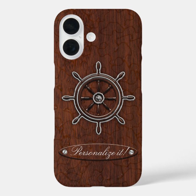 Personalisiere es! Nautical Mahogany Wheel iPhone 16 Hülle (Rückseite)